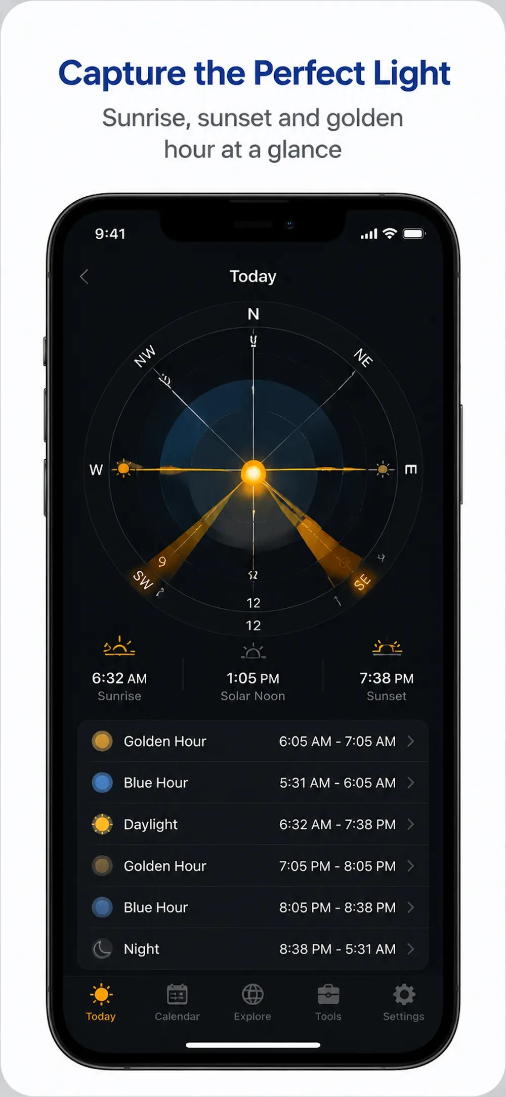 SolarTrack Today screen — sun-path dial and light timeline